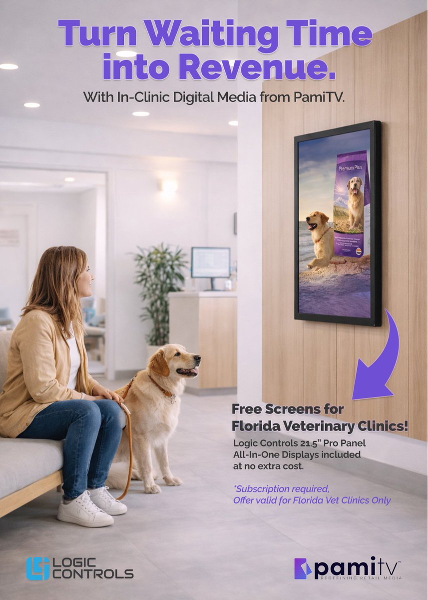 logiccontrols's tweet image. Florida vet clinics: turn screen time into revenue.

With @PamiTV:
• Boost in-clinic purchases
• Educate pet owners
• Earn from paid ads

Plus: FREE 21.5" Logic Controls Pro Panel displays (FL only)

Learn more: hubs.la/Q04982md0

#Vet #PetCare #RevenueGrowth