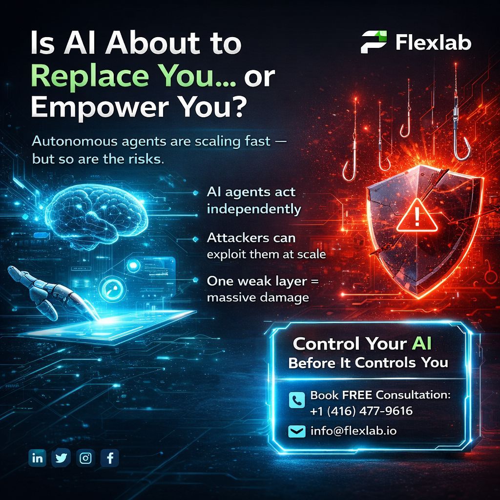 info_flexlab's tweet image. Ever feel like AI's about to steal your job... or save it?

Agentic AI is exploding: 40% of enterprise apps will have autonomous agents by 2026. 73% orgs face AI phishing threats 

Hackers turn agents against you for massive damage.

Audit stack. Add guardrails. 

#AI #Flexlab