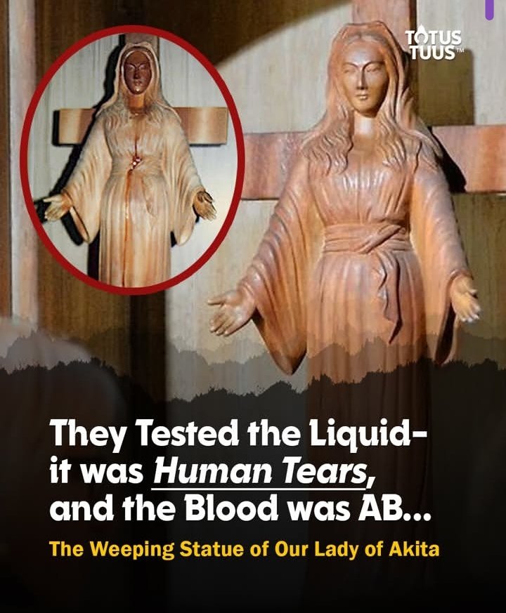 The Story of the weeping statue of Our Lady of Akita.

In 1973, in a convent in Akita, Japan, a nun named Sister Agnes Katsuko Sasagawa saw strange things happen with a wooden statue of the Virgin Mary.  

First, in July 1973, a cross-shaped wound appeared on the statue's right