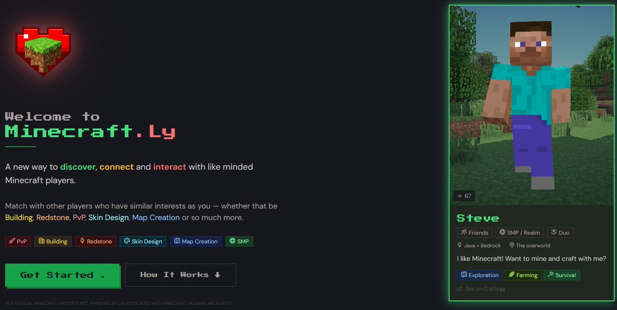 visitcrafty's tweet photo. Introducing https://t.co/MvDDxwykyM🎉

A matchmaking website &amp; app for Minecraft players! Create a profile, show off your skin, tag your playstyle, and swipe to find SMP partners, build collabs, PvP rivals &amp; friends. https://t.co/SrL0jjTY2f