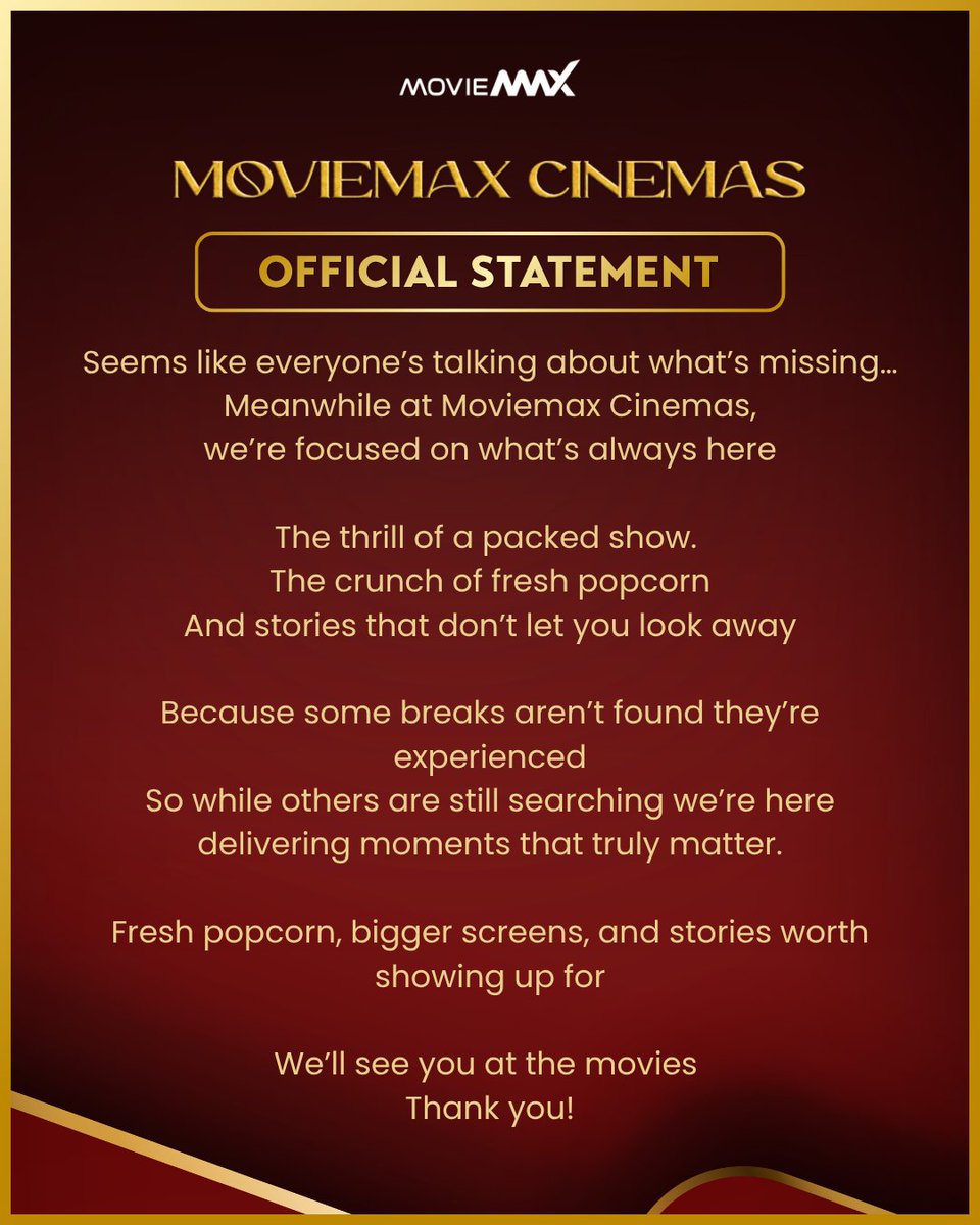 moviemaxoffl's tweet image. While others search for what’s missing… we deliver what matters 🎬🍿

Real moments. Big screens. Unforgettable stories.

Experience movies the way they’re meant to be at #Moviemax Cinemas.

#MoviemaxCinemas #MovieMagic #BigScreenExperience #FreshPopcorn #CinemaVibes #MovieNight