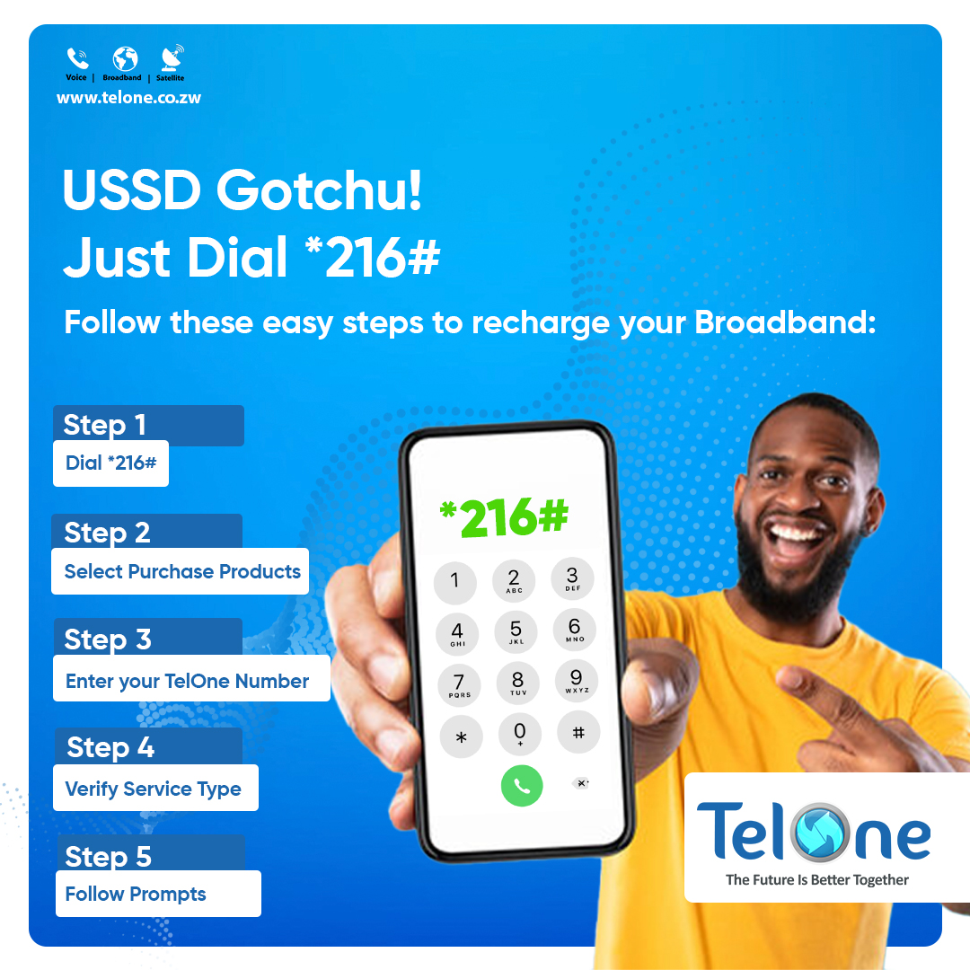 TelOneZW's tweet photo. USSD Gutchu! Dial *261# to Recharge Your Broadband
Recharge effortlessly and stay connected!
#TelOne
#LetsGoDigital https://t.co/B9Ijc3l8bN