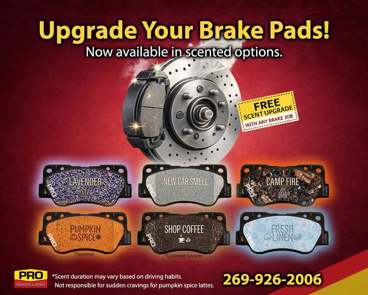 ProMufflerBrake's tweet image. FREE upgraded scented brake pads on any brake job. But only while supplies last. 

Stop better, smell better!

#ProMufflerAndBrake #brakes #brakejob #newbrakes #scented #BentonHarbor #stjoe #aprilfools #newoffer #notserious #campfire #lavender #newcarsmell #PumpkinSpice #FREE