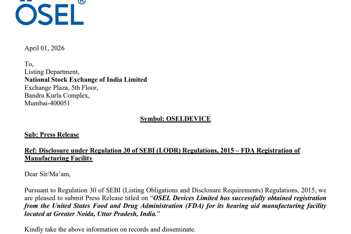 kumar_same65576's tweet image. OSEL Devices Greater Noida hearing-aid facility registered with US FDA on April 1, 2026, enabling U.S. market access.
#OSEL
