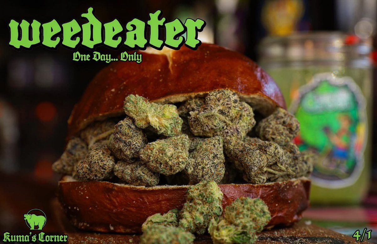 kumascorner's tweet photo. These will be Long Gone by the time you get here.

WEEDEATER
# 86 Purpz, Crash Test Dummy, White Willow, Whiskey Cake, Bully Kush

Weedeater available 4/1… while supplies last.

#weedeater #weedeaterburger #eatweed #high #kumascorner https://t.co/7eNOekoVGd
