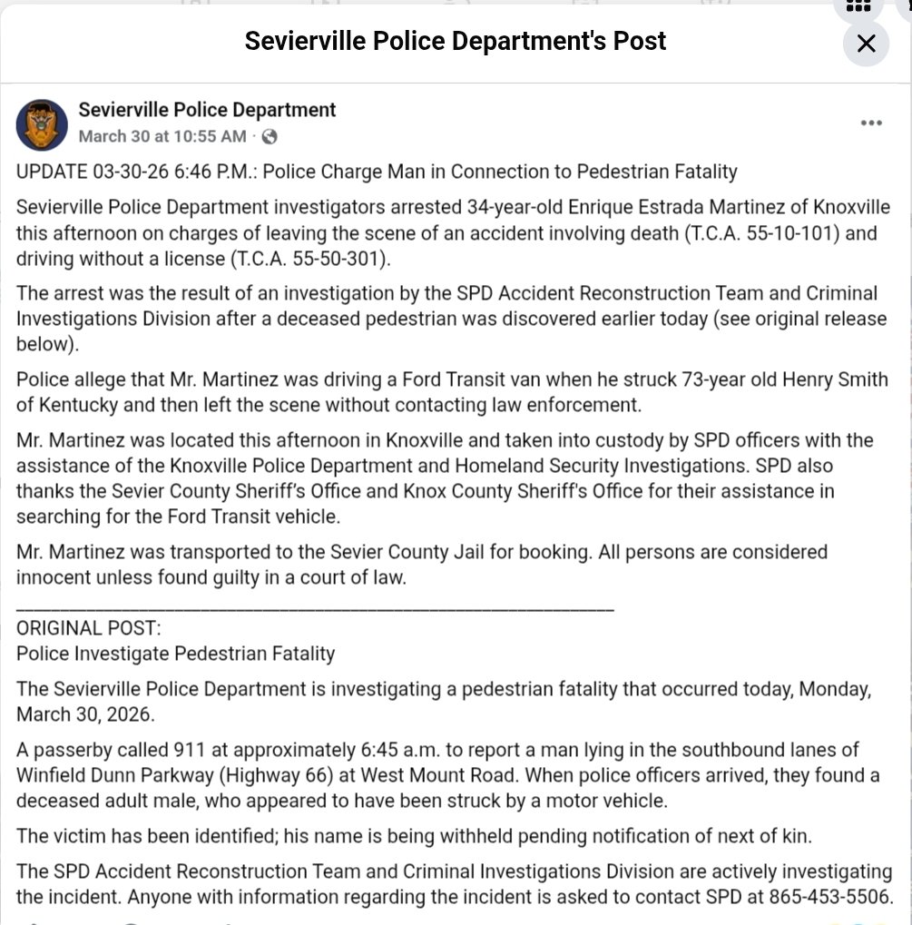 ImmigrantCrimes's tweet image. 🚨 Sevier Cointy, TN: Enrique Estrada Martinez has been arrested for Leaving the Scene of an Accident Involving Death and Driving Without a License in connection with the pedestrian death of 73-year old Henry Smith, which occurred on Monday.

@themtnpress is reporting that he has