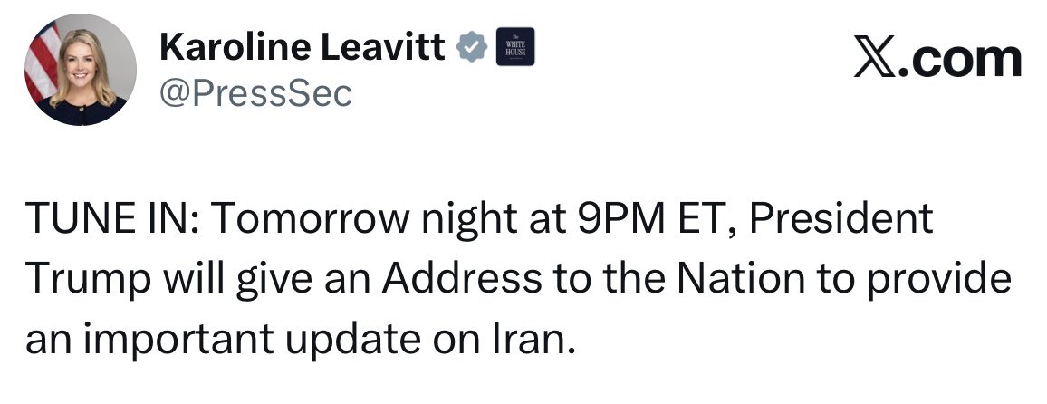 Tomorrow night at 9PM ET, President Trump will give an Address to the Nation to provide an important update on Iran.
#trump #whitehouse 
#IranWar