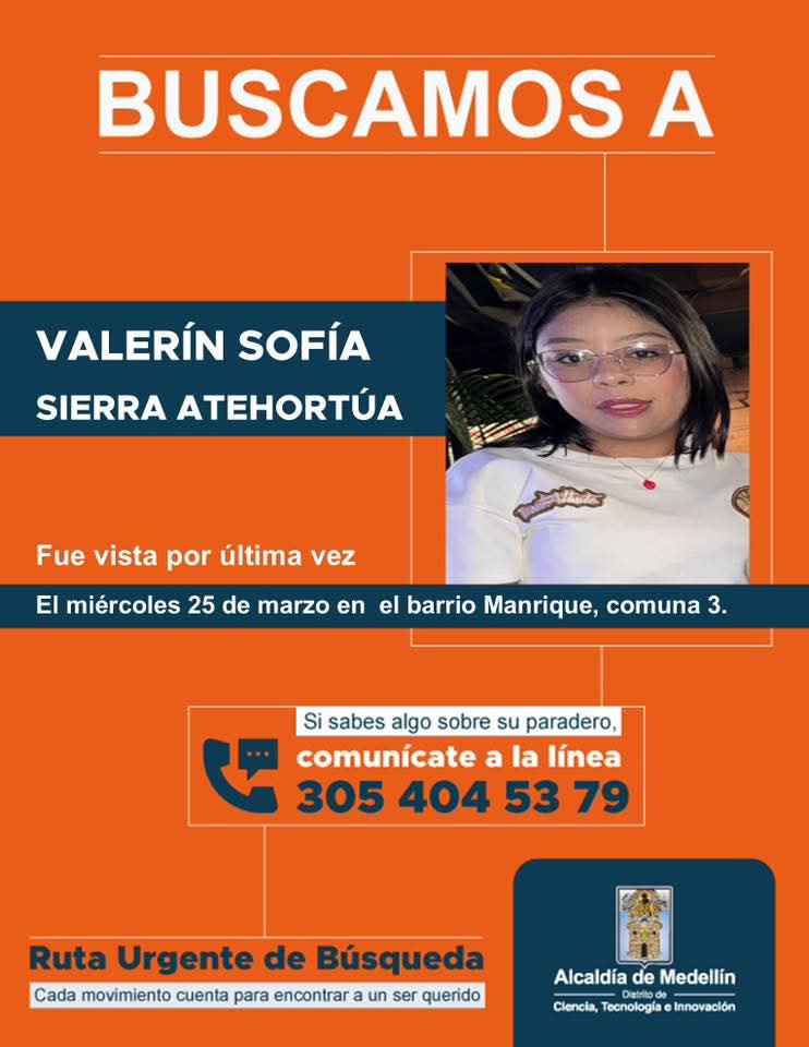 Medellin1968's tweet image. Búsqueda #SOS en #Manrique y #Medellín adolescente desaparecida...
@FunSumapaz @arcilaDDHH @SOS_BuscarlosYa @anacrisrestrepo