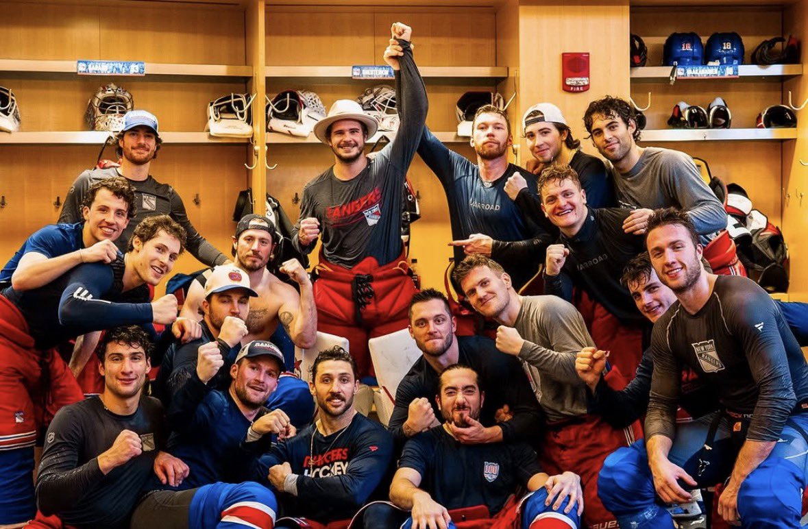 SnarkMessier's tweet photo. Gavrikov raising Igor’s hand is hilarious. #NYR https://t.co/C5v9y26vgd