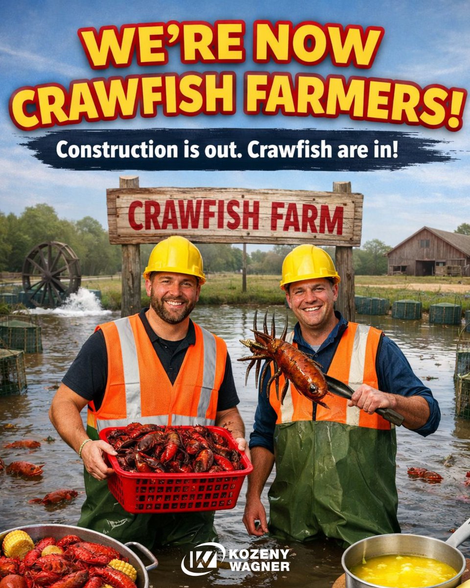 KozenyWagner's tweet photo. 📷 BIG NEWS! 📷
After 60 years in construction… we’re making a change.
Kozeny-Wagner is now a full-time crawfish farm.📷
#aprilfools
But the Crawfish Boil invite below?
That part is very real. Don’t miss it 📷
https://t.co/NANetLJD0q https://t.co/EE5t8bT55r
