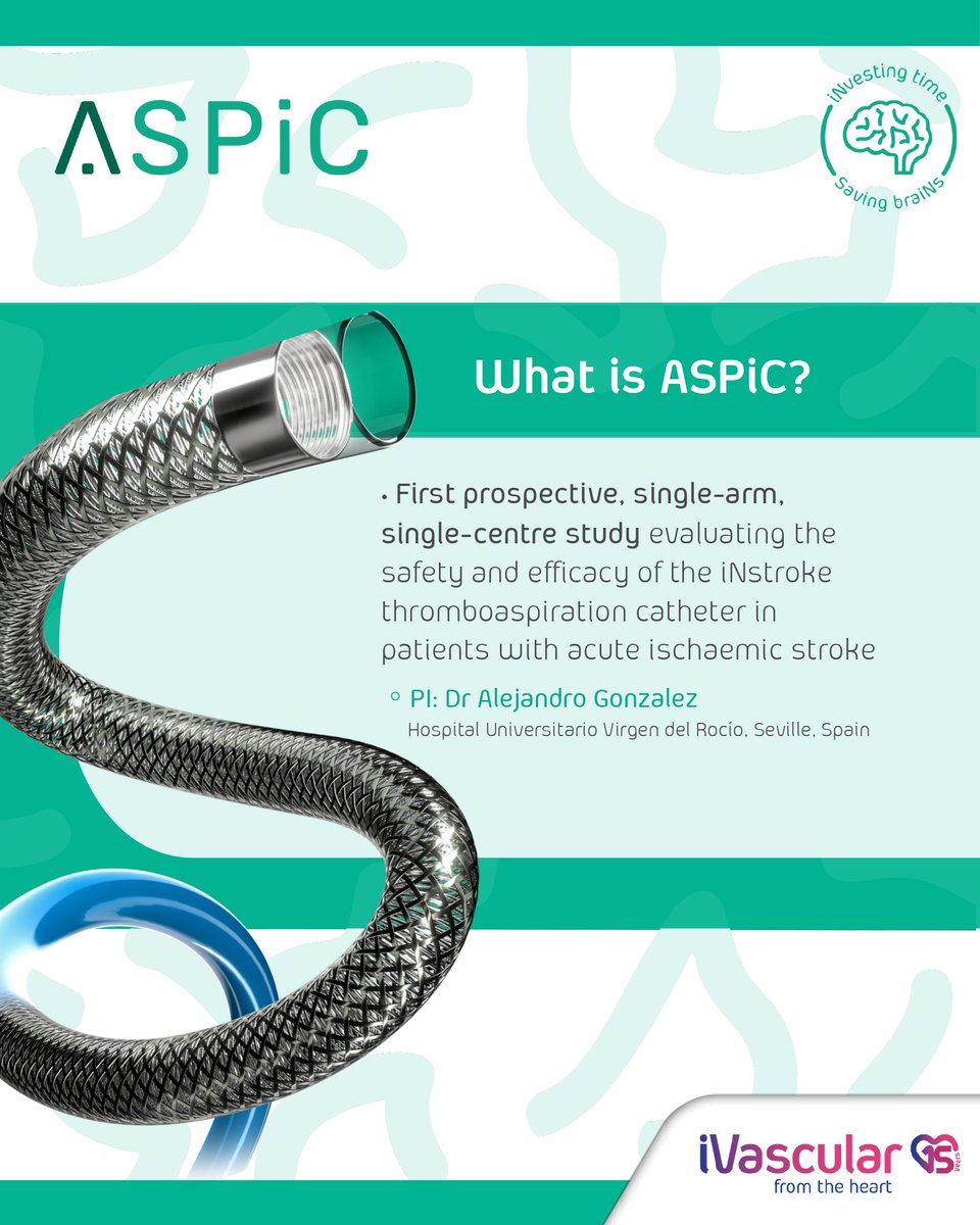 iVascularNeuro's tweet photo. We're proud to highlight the #ASPiC study, led by Dr Alejandro González (Hospital Universitario Virgen del Rocío, Seville, Spain).

ASPiC is a first prospective, single-arm, single-centre study evaluating the efficacy and safety of the #iNstroke6F thromboASPiration catheter in acute ischaemic stroke.

Stay tuned,  clinical results coming soon.