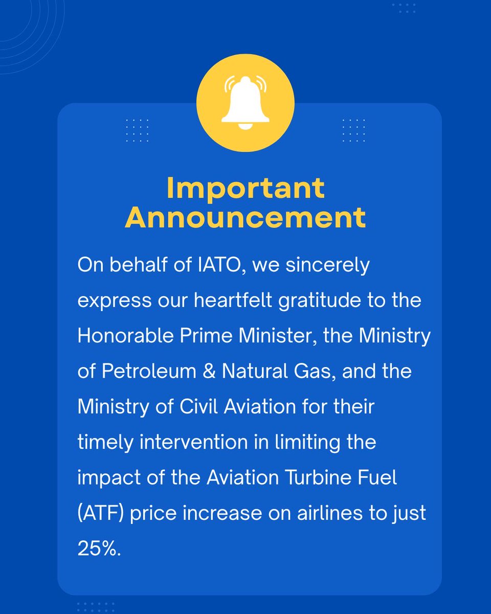 iato_india's tweet photo. IATO thanks the Government of India for timely intervention in capping ATF price impact at 25%, bringing much-needed stability to aviation and boosting confidence across the tourism &amp; hospitality sectors. https://t.co/3g8K8sCI3R