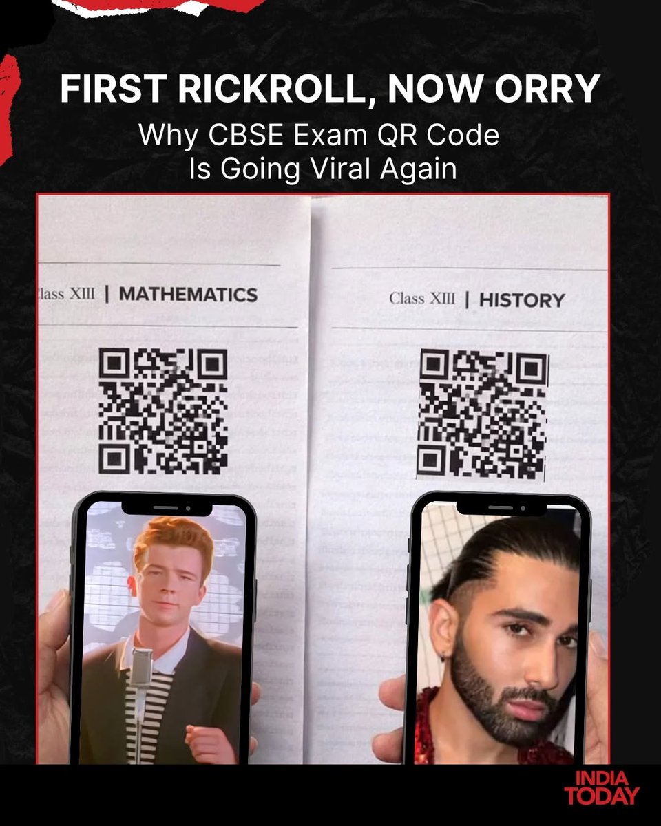 IndiaToday's tweet photo. #IndiaTodayThreads | The Central Board of Secondary Education Class 12 History examination has gone viral after students discovered that a QR code printed on the question paper redirected them to content related to Orry when scanned on March 30, 2026.
The unexpected outcome left students surprised, especially as QR codes are typically included as a security feature to verify the authenticity of the paper.
The incident quickly gained traction on social media, with several students sharing videos and reactions online. This comes shortly after a similar buzz around the Class 12 Mathematics paper, where a QR code led to Never Gonna Give You Up by Rick Astley, making these exam papers trend for reasons beyond academics.
#CBSE #CBSEExams #Orry #Rickroll #BoardExams #ViralNews #EducationNews #QRcode #IndiaTodaySocial
