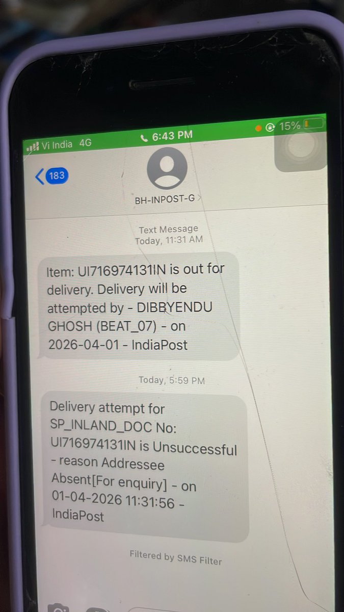 ArunavakumarMu1's tweet photo. @IndiaPostOffice Please make delivery, item : UI716974131IN not yet delivered, remark addressee absent by the post peon is absolutely false and irresponsible. Today addressee is present throughout the day. Please help and take necessary action. https://t.co/yosd2eLWUB