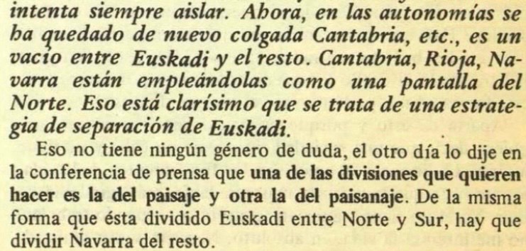 Fraude territorial a demanda de élites monárquicas bizkaitarra y española, con Revilla pastoreando a la izquierda cántabra. En 1980 Monzón (HB) denunció la vía provincialista: separar Navarra y Euskadi y dividir Castilla creando Cantabria y Rioja para justificarlo.