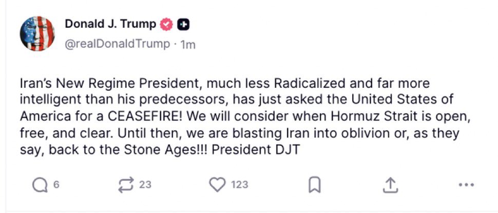 Trump says Iran’s new president (unclear what he means, there hasn’t been a new president since 2,5 years ago—Pezeshkian is still the president) has asked for a ceasefire but the US refused. 

Meanwhile Iranian leaders, such as Iran’s head of Parliament, Ghalibaf, talk in a way