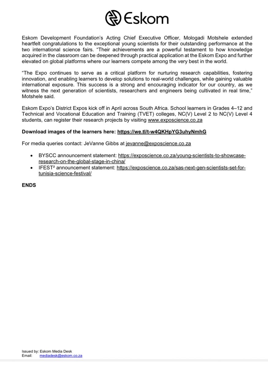 Eskom_SA's tweet image. #Eskom #MediaStatement 

SA young scientists excel at international science competitions in Tunisia and China