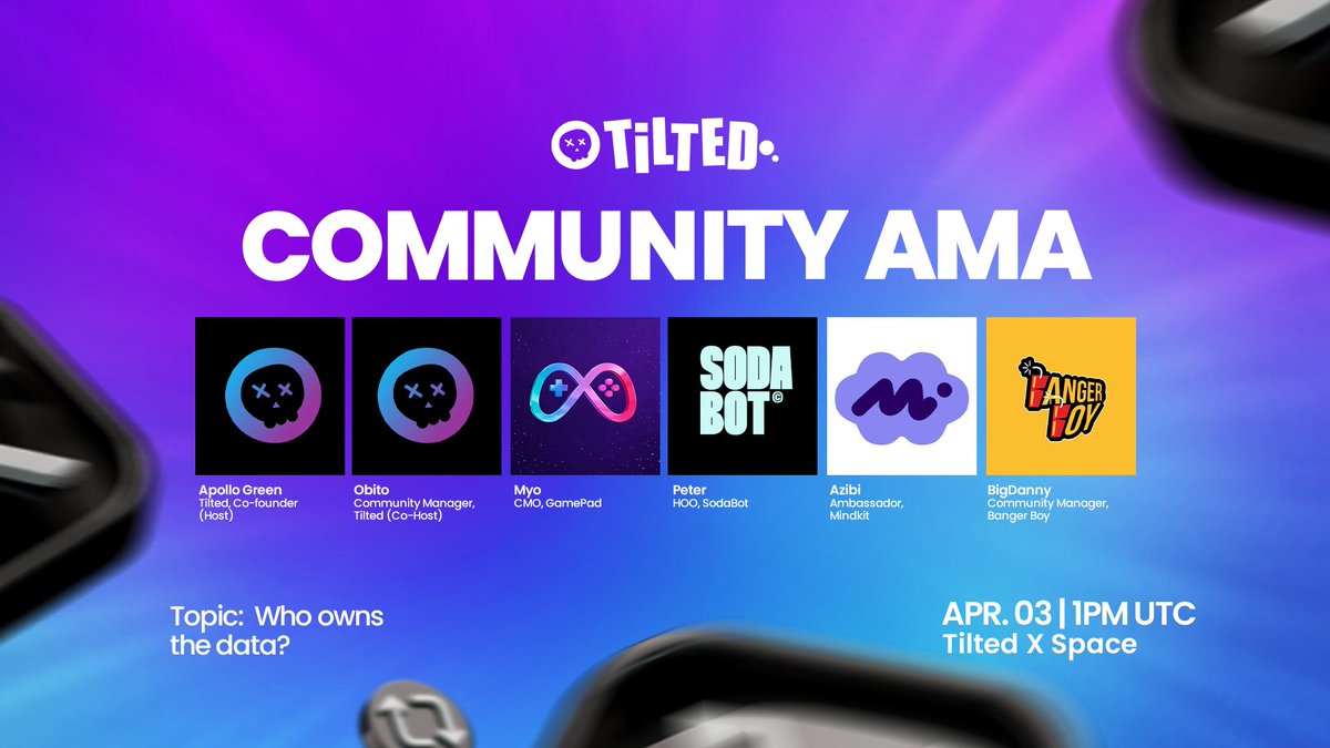 tiltedxyz's tweet photo. 🎙️ TILTED AMA — Who Owns the Data? The Next Battle in AI & Streaming

🗓 Friday, April 3rd

⏰ 1PM UTC

📍 X Spaces

As AI scales, one question matters more than anything:

Who owns the data?

The platforms… or the people creating it?

🔥 Speakers:

Peter — HOO @SodabotAI

Azibi — Ambassador @mindkit_dao

Myo — CMO @GamePadco

BigDannyy — Community Manager @bangerboyhq

🔥 Hosts:

Obito — Community Manager #Tilted

Apollo — Co-founder @Tiltedxyz

⚡ If you care about AI, ownership, or the future of the internet — don’t miss this.

Set reminder ⤵️
