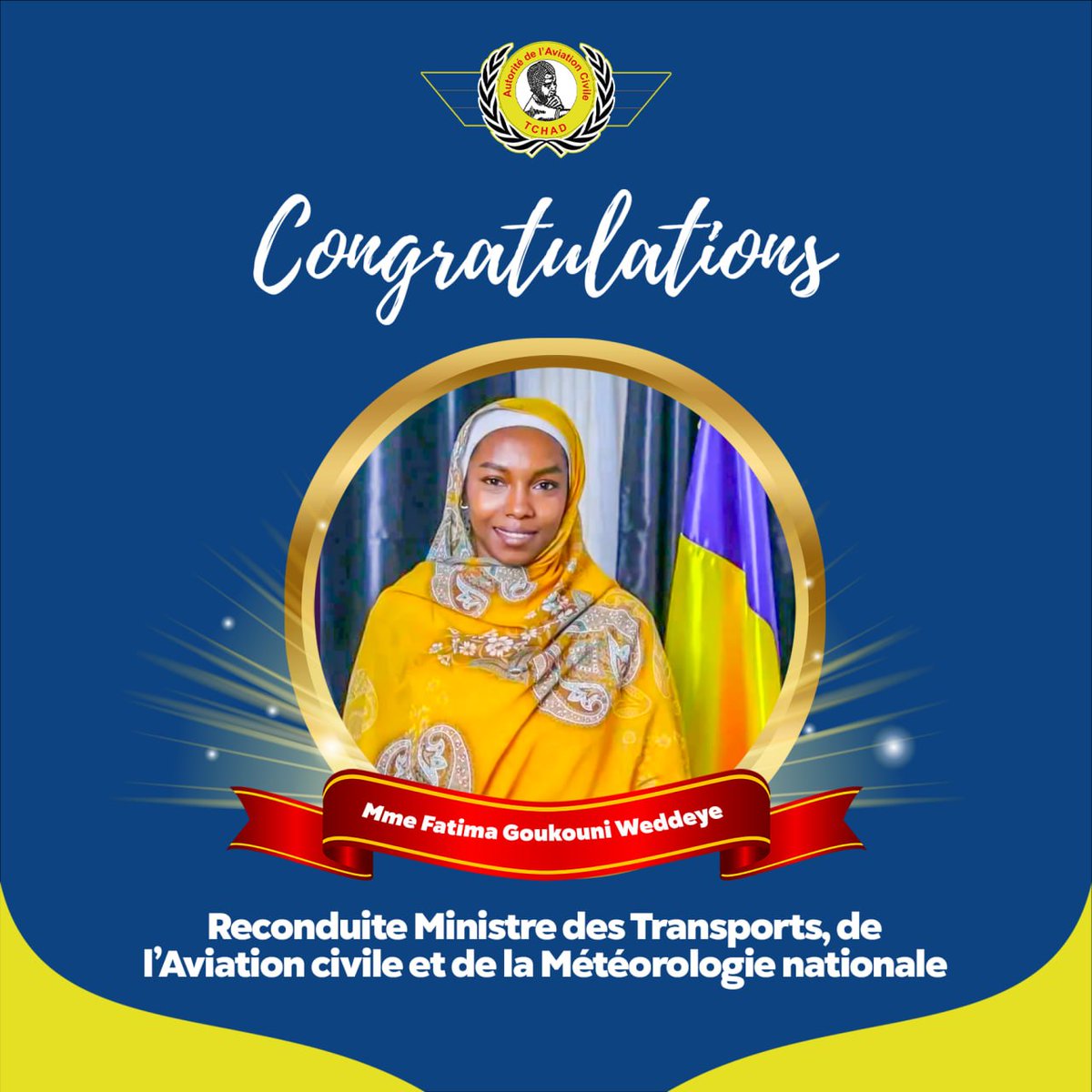 ADAC235's tweet photo. Reconduite dans ses fonctions, la Direction Générale de l’ADAC adresse ses félicitations à madame FATIMA GOUKOUNI WEDDEYE, pour la confiance renouvelée 🙏 https://t.co/h6BeKxomMn