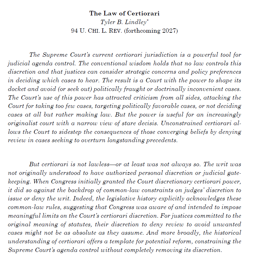 tylerblindley's tweet photo. My latest-The Law of Certiorari-forthcoming in @UChiLRev. It's assumed that by creating certiorari jurisdiction, Congress gave SCOTUS nearly complete discretion to choose its cases. But the 1891/1925 Acts giving cert jux likely incorporated common-law certiorari standards. Link👇 https://t.co/PmZhMfSRQd