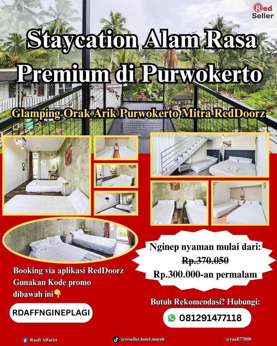 raafi77898's tweet photo. 📍 Glamping Orak Arik Purwokerto Mitra RedDoorz
💰 mulai 300-500rb-an
Udah estetik, nyaman, cocok buat healing tipis-tipis 🌿

Bisa juga Booking via aplikasi #RedDoorz &amp; isi kode promo RDAFFNGINEPLAGI (lebih aman &amp; sering promo). 

Staycation enjoy, RedDoorz pilihan coy https://t.co/2huHAYTCNf