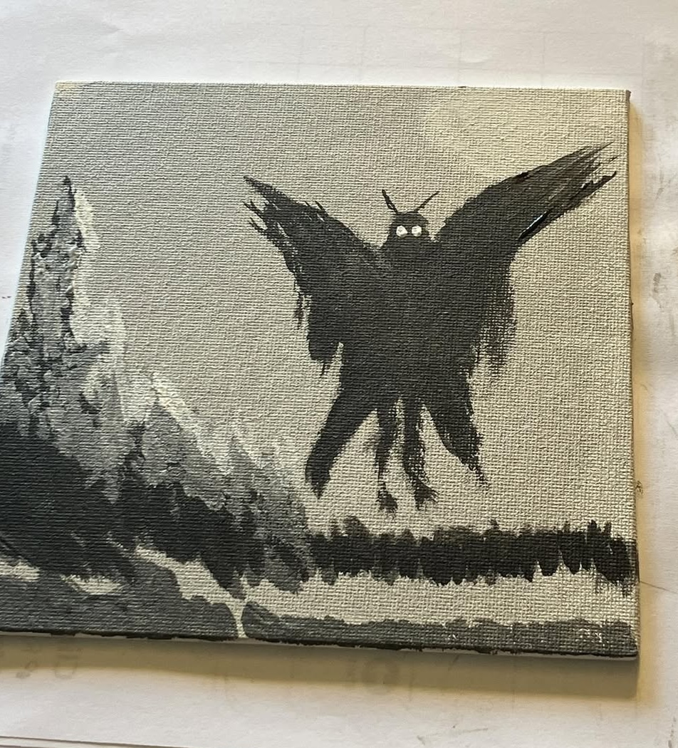 JGroverWriter's tweet photo. "Mothman." 
Black and white acrylic on canvas. 
 #darkart #art #painting #mothman #monsters #artwork #beingcreative #novice #johngroverart https://t.co/c6cELgdGu3