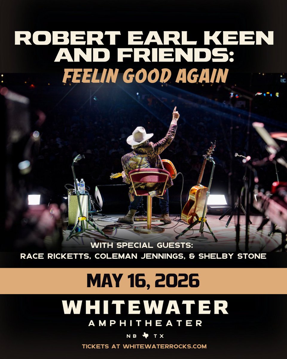 WhitewaterRocks's tweet photo. @robertearlkeen &amp; Friends
Whitewater Amphitheater | May 16
Special guests @race_ricketts, @ColemanJennings, and @theshelbystone 
Tickets on sale Friday at 10 AM https://t.co/DpwooCZkW2