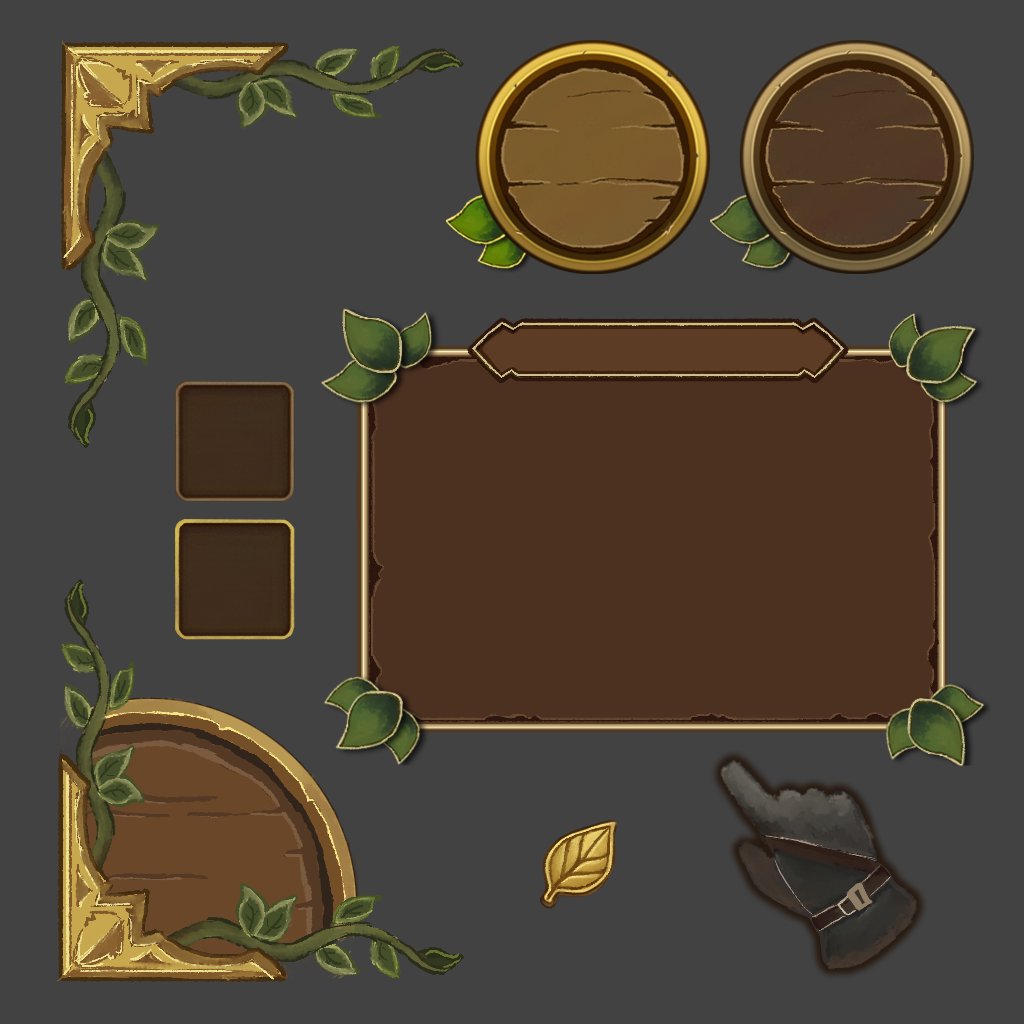 lowkeygamedev's tweet image. First time painting fantasy UI set last night so I can avoid AI in my game - kyles brush pack ftw #WIPWednesday #fantasy #ui #2D #noai