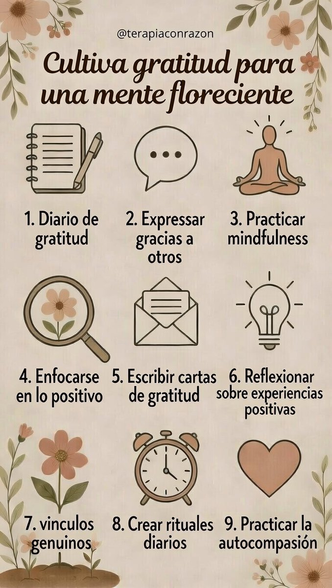 ¡9 prácticas diarias de gratitud con beneficios psicológicos!  

La gratitud no es solo “dar las gracias”: es una práctica respaldada por la Psicología Positiva (Robert Emmons, Martin Seligman) que reconfigura el cerebro: aumenta dopamina y serotonina, reduce cortisol (estrés),