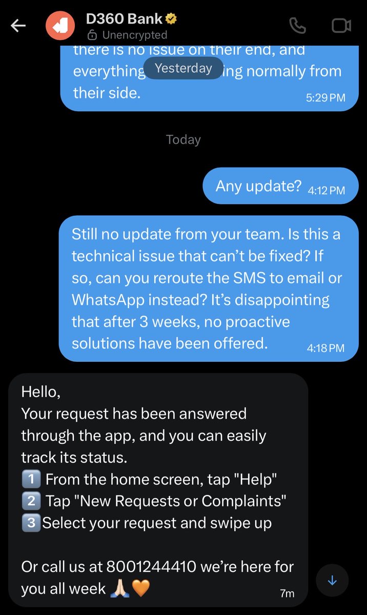 BassiLokesh's tweet photo. @D360bank Clearly mentioned 100 times that I can’t log in to the app, yet you keep sending copy‑pasting replies telling me to log in. If this is what you call ‘world‑class digital banking,’ it’s honestly embarrassing. Will escalate to @SAMA_GOV.
#CustomerServiceFail #DigitalBankProblems https://t.co/jnaZpHs700