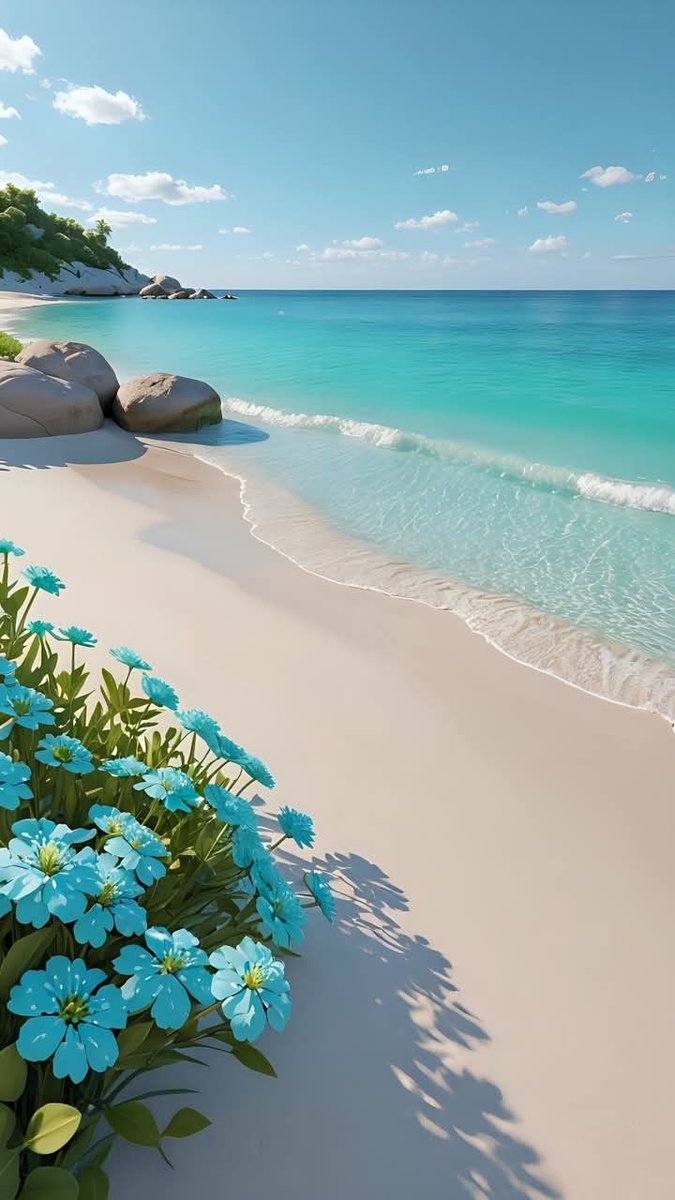 TDaires78705's tweet image. Blue blossoms hug the sandy shore, where turquoise waves kiss the beach 🌊🏖️💙.