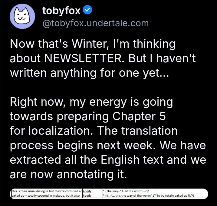 Jojostuck56's tweet image. Quiero que Toby sea más abierto a confiar en un equipo profesional de localización en un futuro

Pienso que el puede estar envuelto con cosas como las notas que ofrece a los traductores japoneses y el siempre puede aclarar que solo sabe inglés/japones