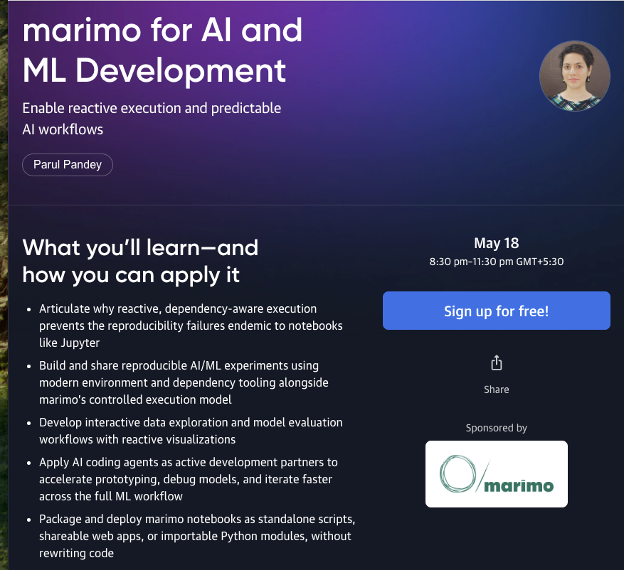 Excited to partner with the <a href="/marimo_io/">marimo</a> team  for a live O'Reilly workshop on using marimo for AI and ML Development. Also, It’s completely free. 🌟 

marimo is a reactive Python notebook and that completely transformed the way I work and think about notebooks. If you’re thinking
