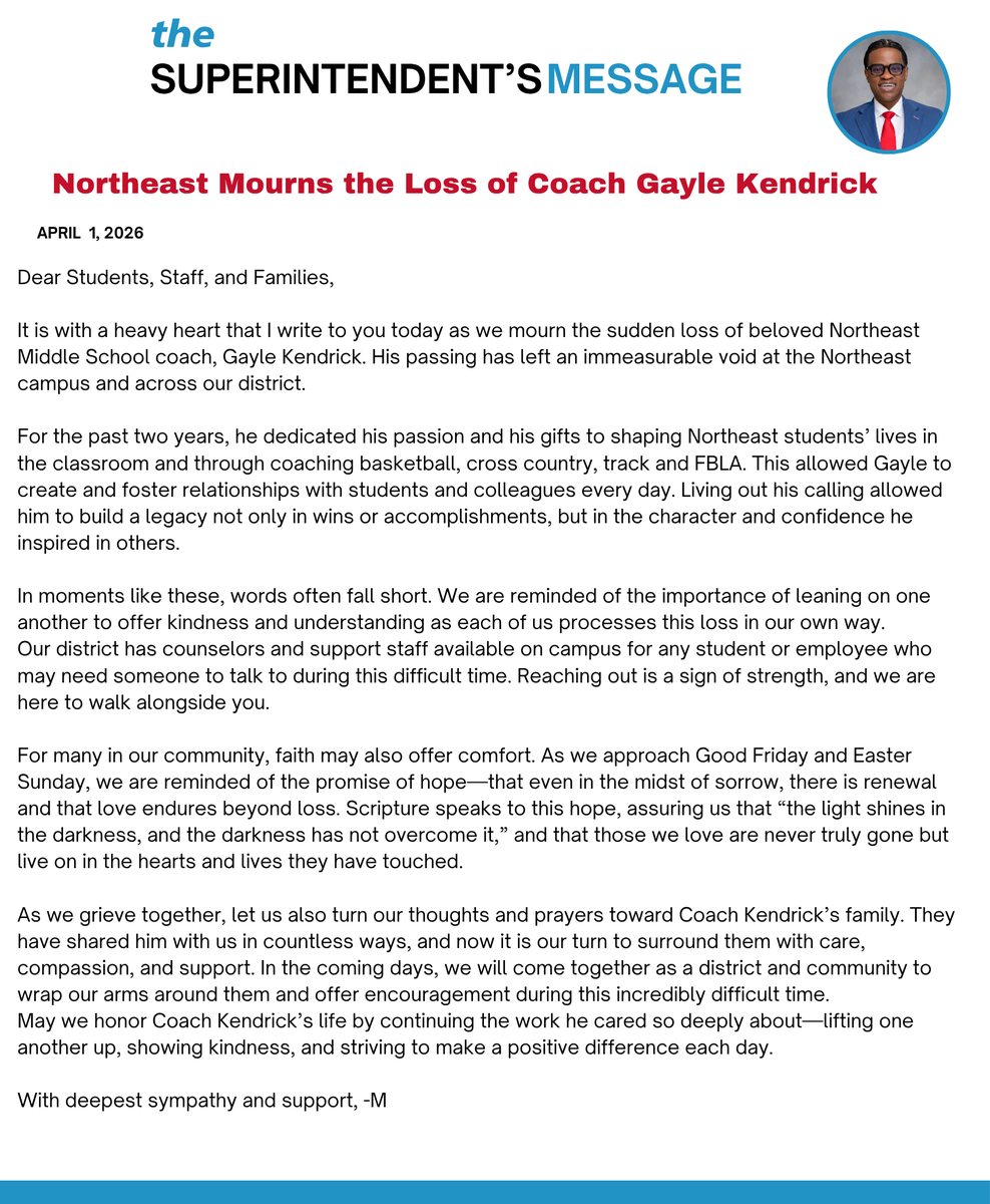 A Message from the Superintendent to the Northeast Family as we remember Coach Kendrick
#JaguarStrong #ForCoachK
