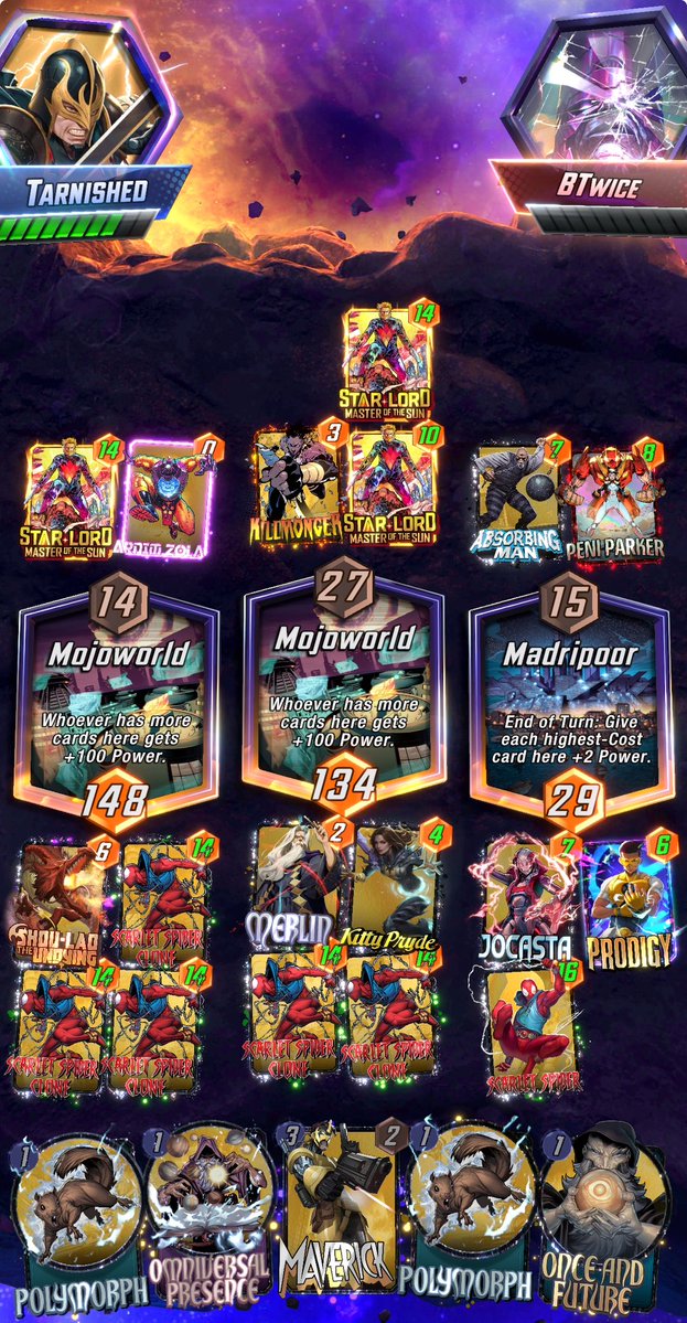 I thought your name was familiar, GG <a href="/Bluv2k3/">B-Twice85</a>! 🤜🤛 We had some great games, sorry I made so many Scarlet Spiders on you 😅 First time I’ve been able to pull that combo off. 

#MarvelSnap