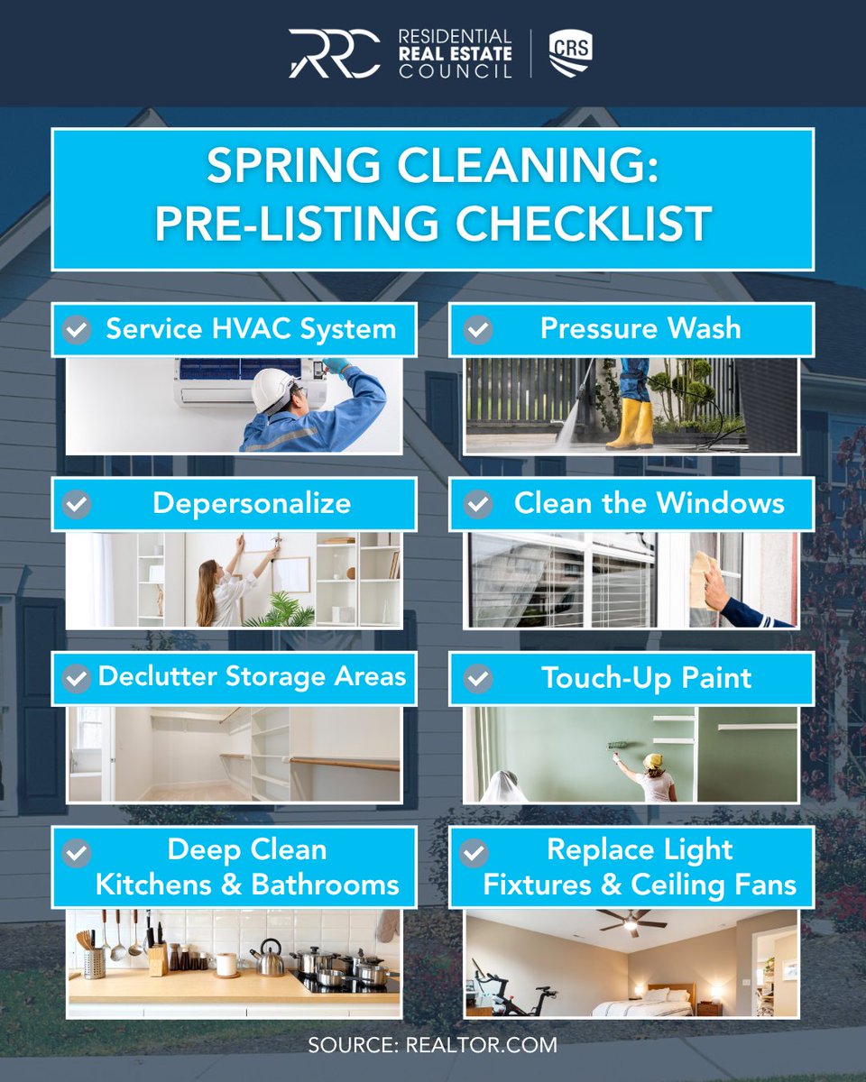ThisIsRRC's tweet image. Spring listings are in full swing. 🌷 Homes that feel clean, fresh and move-in ready make the best first impressions. Use this checklist with your sellers and drop your go-to pre-listing tip below! 🏡✨ #SpringCleaning #Prelisting #Checklist #CRSMeansBusiness