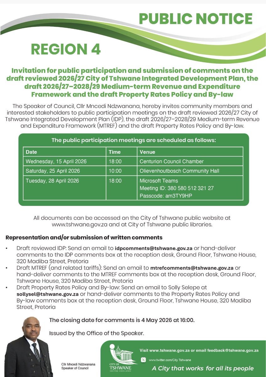 henriettefroh's tweet image. 📣 Call for public comments on the draft reviewed 2026/27 @CityTshwane Integrated Development Plan, the draft 2026/27–2028/29 Medium-term Revenue and Expenditure Framework and the draft Property Rates Policy and By-law. #CenturionMatters
