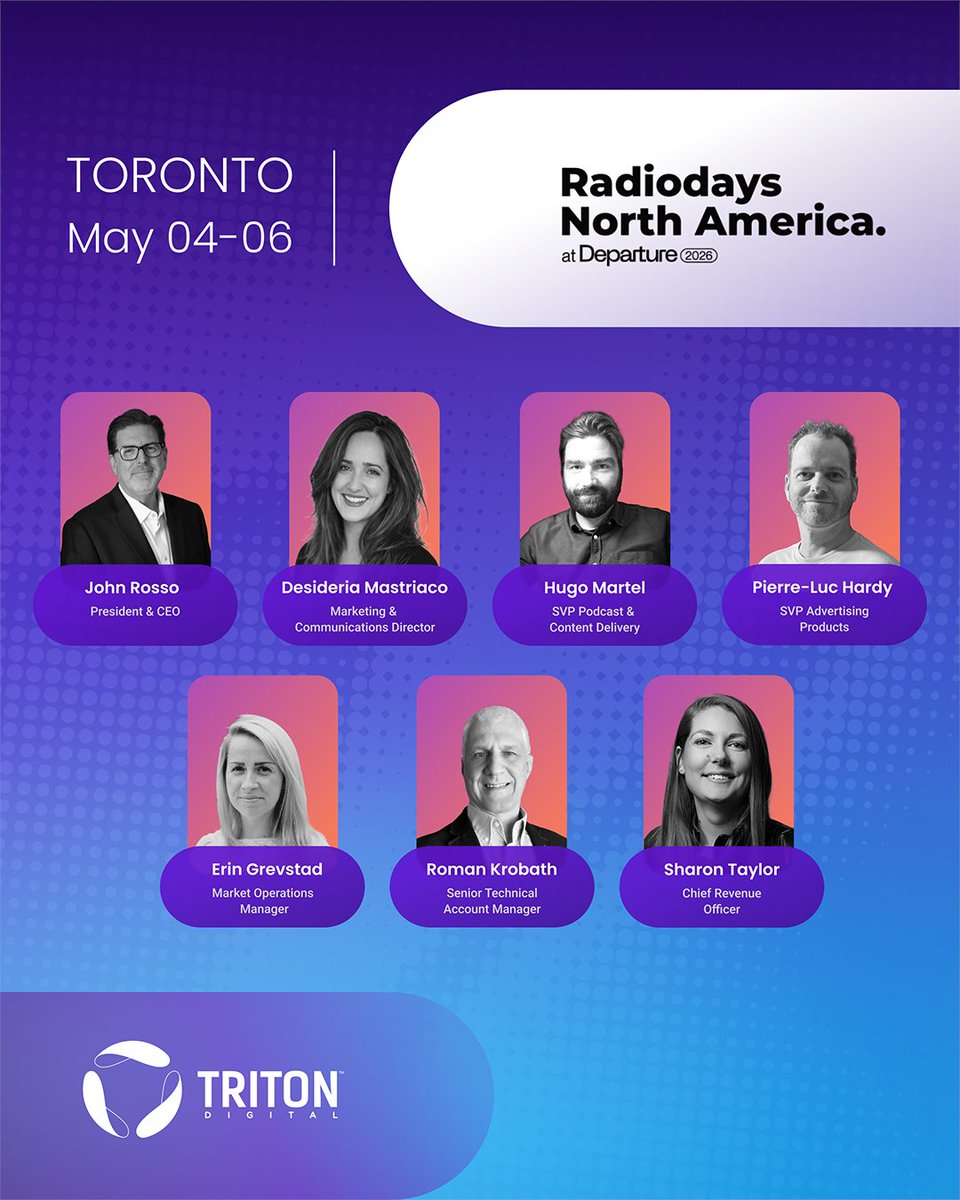 TritonDigital's tweet image. We’re heading to Radiodays North America in Toronto, May 4–6!
See you there 👇
bit.ly/4m4iNbX

#RadiodaysNA #DigitalAudio #Radio #TritonDigital