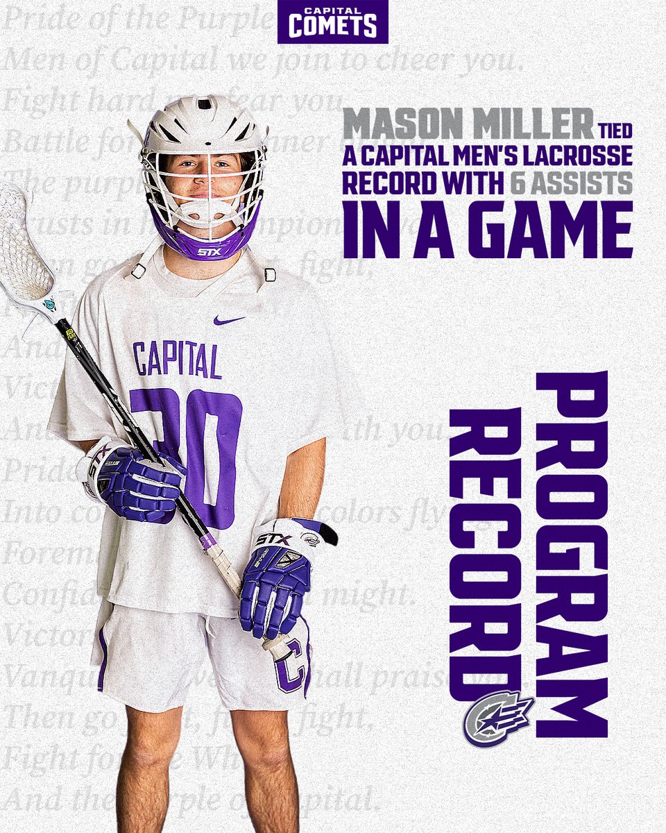 cap_athletics's tweet photo. ๐๐ป๐ธ๐ฐ๐ป๐ช๐ถ ๐ก๐ฎ๐ฌ๐ธ๐ป๐ญ
Last night, Mason Miller tied a program record with six assists in the victory over Wilmington!
#CapFam | #CapMLAX | #POTP https://t.co/2FuFJ1ZQWy