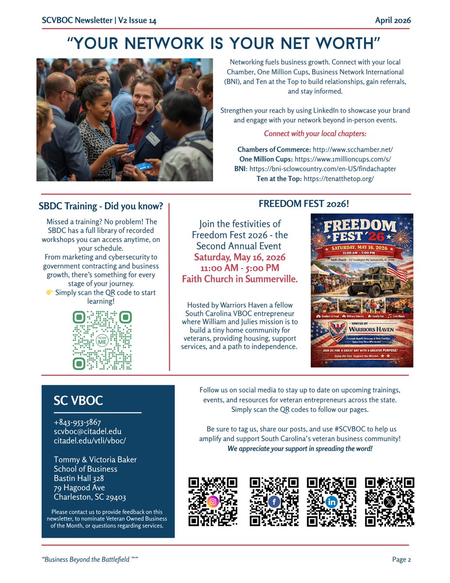 SCVBOC's tweet image. The April SC VBOC Newsletter is here! Featuring a Veteran-Owned Business Spotlight, upcoming events, and resources to help grow your business. Stay connected and take the next step in your journey—check it out today!
#SCVBOC #VeteranEntrepreneurs #SmallBizSupport