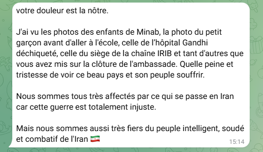 IRANinFRANCE's tweet image. Chaque jour, nous recevons des centaines de messages comme celui-ci.
Des mots de solidarité qui réchauffent le cœur.

Merci à celles et ceux qui refusent l’#indifférence.
Merci pour votre #humanité.

#Iran #Solidarité #Humanité #Paix