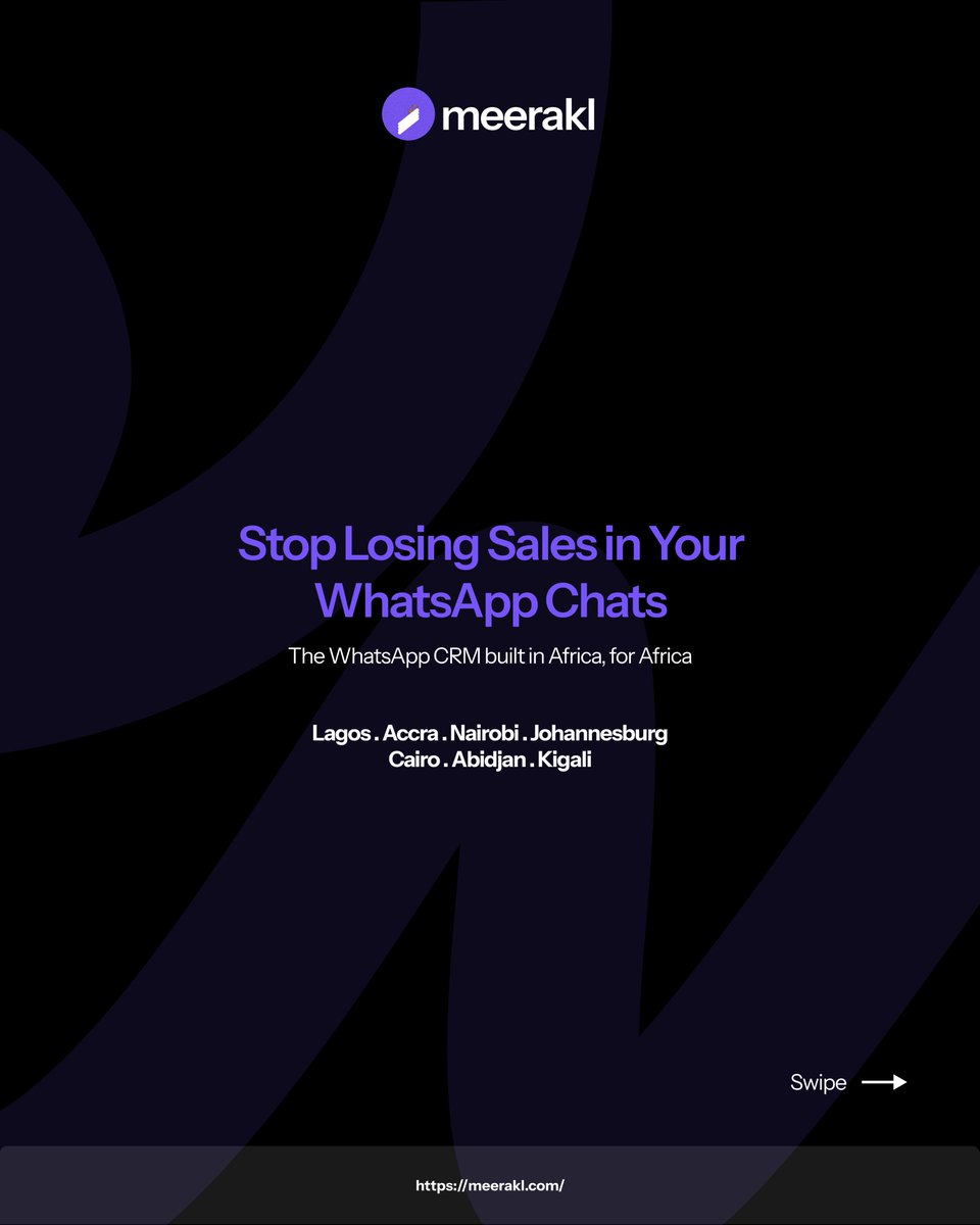 usemeerakl's tweet photo. 1/1 - Built in Nigeria. Made for Africa.

Every day, businesses in Lagos, Accra, Nairobi, Joburg, Cairo, Abidjan, and Kigali run their entire operation on WhatsApp.

But WhatsApp wasn't built to be a CRM. Customers get lost. Orders get missed. Money walks. https://t.co/3FX1Zn9qwS