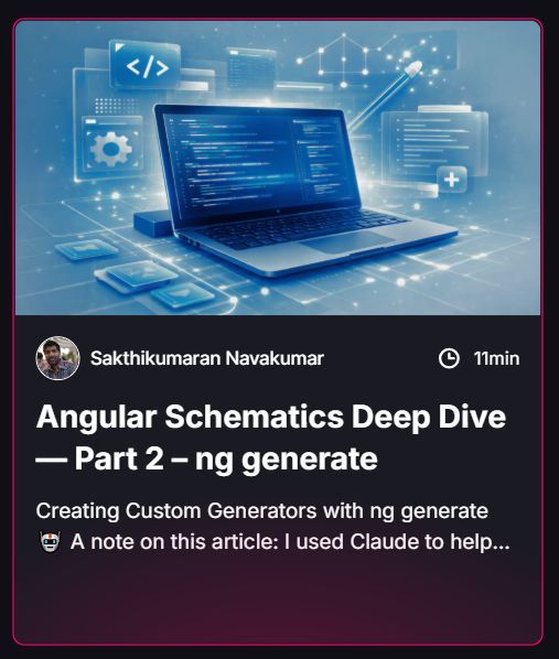 AngularLovePL's tweet photo. Stop relying on docs and developer memory ⛔  

👉 Turn your #Angular team’s coding standards into automation instead!

With his first #AngularLove article, our new blogger, Sakthikumaran Navakumar (welcome!), will show you just how to do it.

Your little sneak-peak inside:
✅ Setting Up the Workspace
✅ Project Structure
✅ collection.json and schema.json
✅ The Factory Function
✅ Decoding __name@dasherize__
✅ Building and Running

Seems helpful, no? 👀

Read the full thing on our blog → https://t.co/qlYgDzFOgI