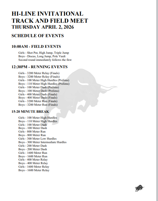 HSTr: Hi-Line Invite (@ Elwood) Thursday, April 2nd, 2026 starting with Field Event at 10:00 AM and Running Events at 12:30 PM. Admission: $5.00 for students and $7.00 for Adults, No Passes Accepted. Schedule of events is attached. #gobulls

;30 PM