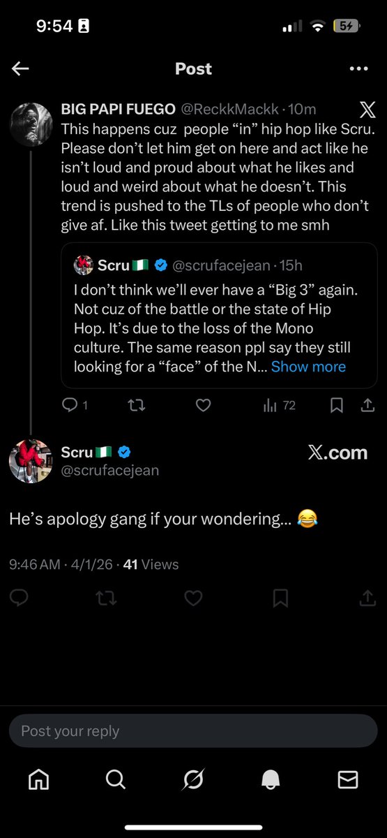 Just got blocked by Scru cuz I said he’s weird about what he doesn’t like and it’s wack that shit gets pushed to my TL. But what does this response even mean?

Lmao hopefully this means his BS won’t be on my TL no more