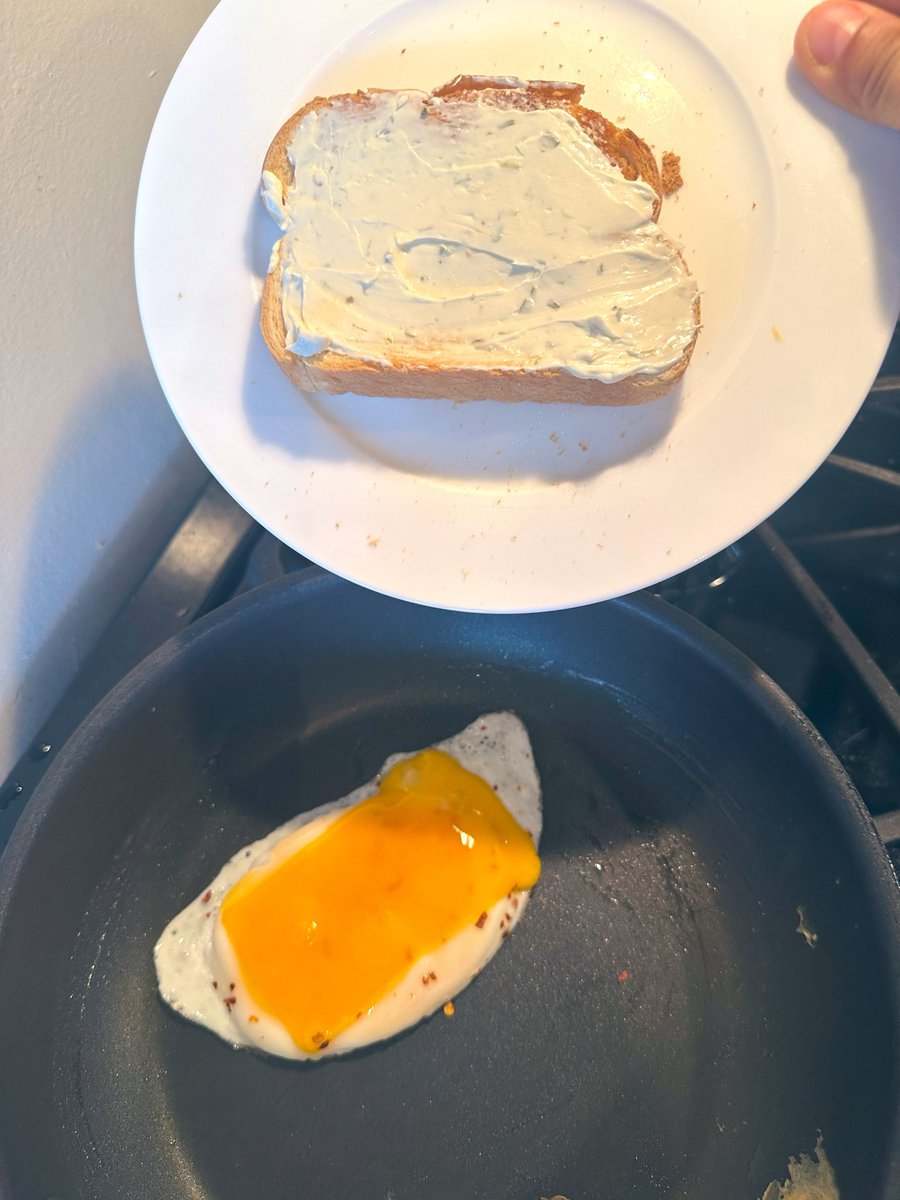 free_style_chef's tweet image. I tried to make a good looking breakfast toast with scallion cream cheese, fried egg, and melted cheddar. 

But the egg &amp;amp; cheese landed upside down on the plate and had to be rescued into this tasty mess. 

#brekkie #bread