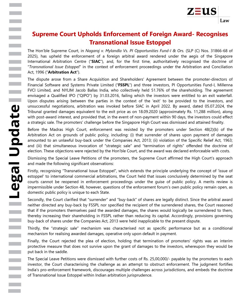 Legal Update: Supreme Court Recognises Transnational Issue Estoppel
#SupremeCourt #JudicialPronouncement #RuleOfLaw #IndianJudiciary #InternationalArbitration #ForeignArbitralAward #EnforcementOfAwards
#TransnationalLaw #CrossBorderDisputes #ZeusLaw #LawFirm #Legalupdate
