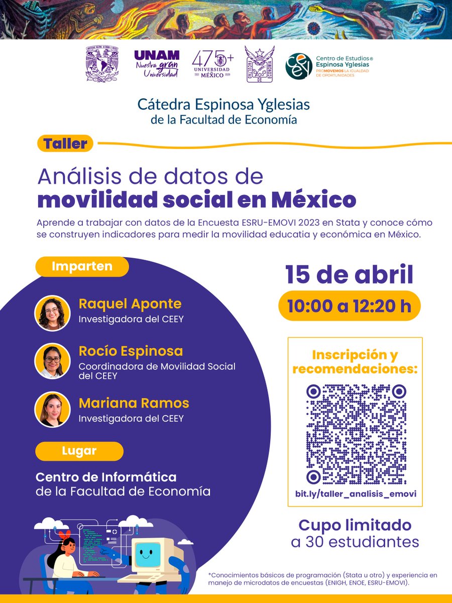 ¿Te interesa aprender a analizar datos sobre movilidad social en México? 📊

Participa en este taller que forma parte de Cátedra Espinosa Yglesias de la Facultad de Economía <a href="/UNAM_MX/">UNAM</a> 

🗓 15 de abril
📍 Centro de Informática <a href="/FEconomiaUNAMof/">EconomíaUNAM oficial</a>
💡 Cupo limitado
📲Escanea el QR