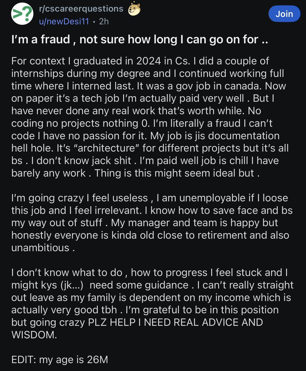 I just came across this Reddit post and it got me thinking 2 things which is getting a lot of traction there
1. Humans always have something to be ungrateful
2. Indeed challenge yourself otherwise irrelevance will come for you fast .Also in this economy guy should prolly lay low