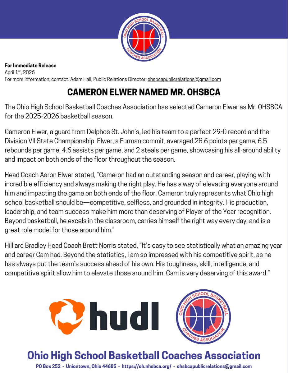 ohioBKcoaches's tweet photo. For Immediate Release…

Cameron Elwer named Mr. OHSBCA https://t.co/VjeuTjNnR8
